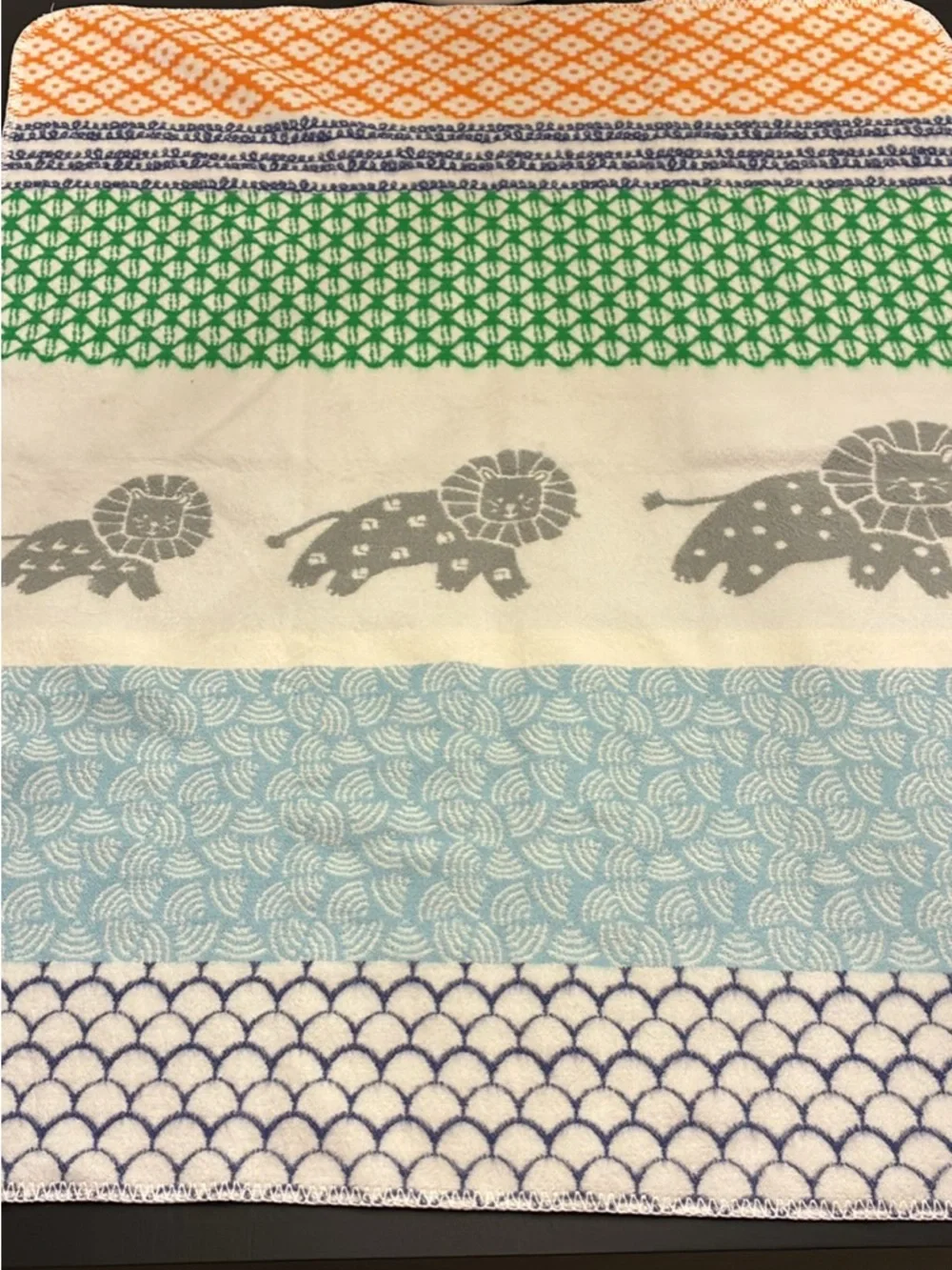 Pottery Barn Striped Multicolor Lion Print Baby Blanket- Green, Gray, Yellow